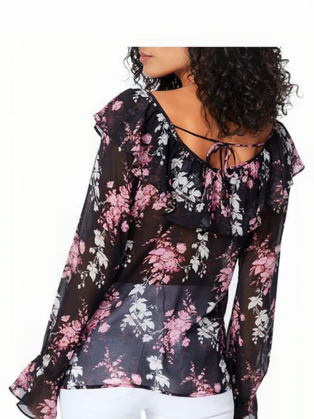 PAIGE 100% Silk Black Floral Ruffle-Neck Blouse with Pink & White‎ Print - Picture 7 of 8